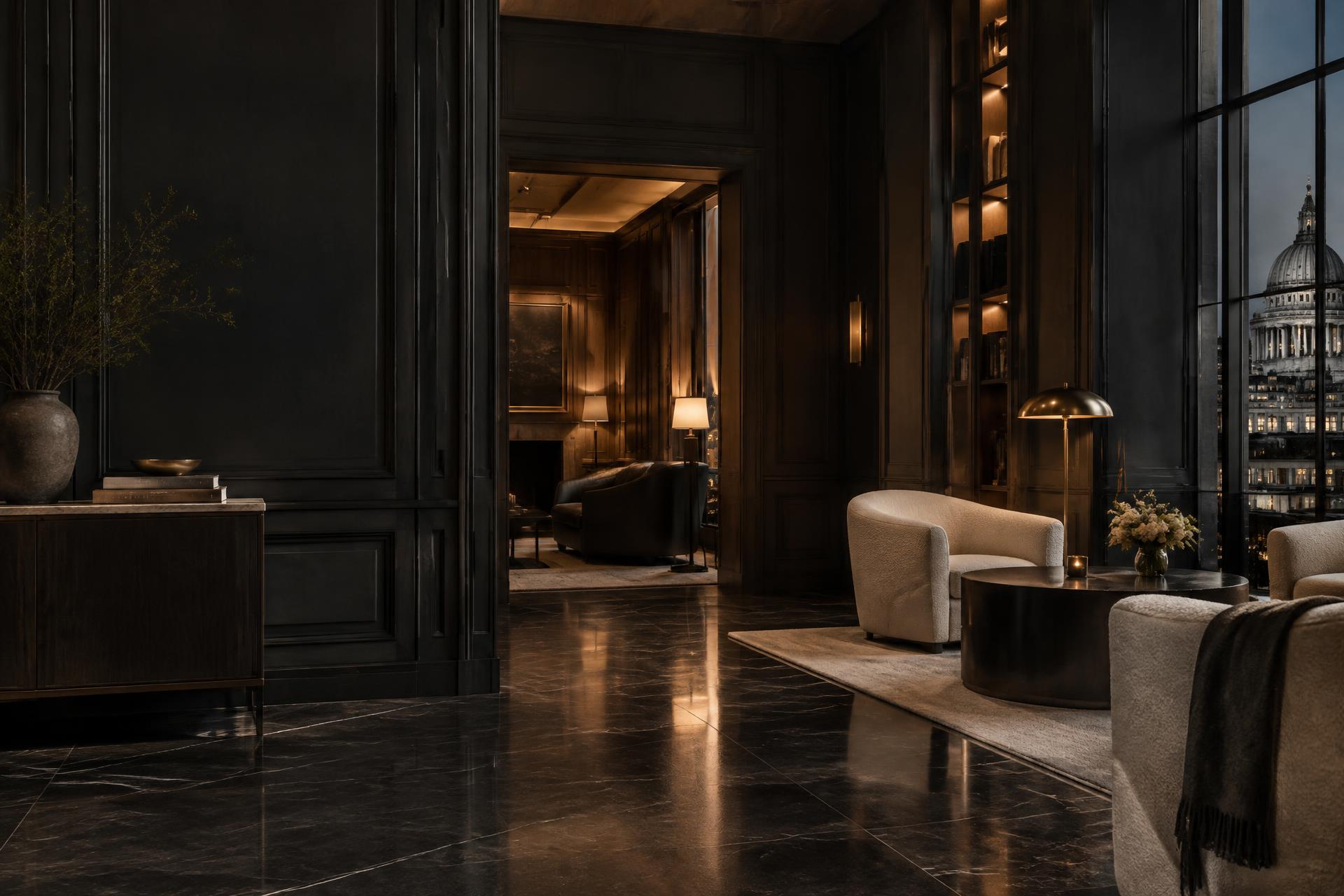 A quietly elegant private lounge with charcoal panelling and warm brass details